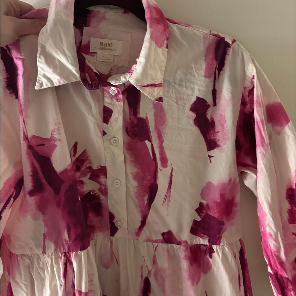 Maeve Pink and White Watercolor Button-Front Dress
